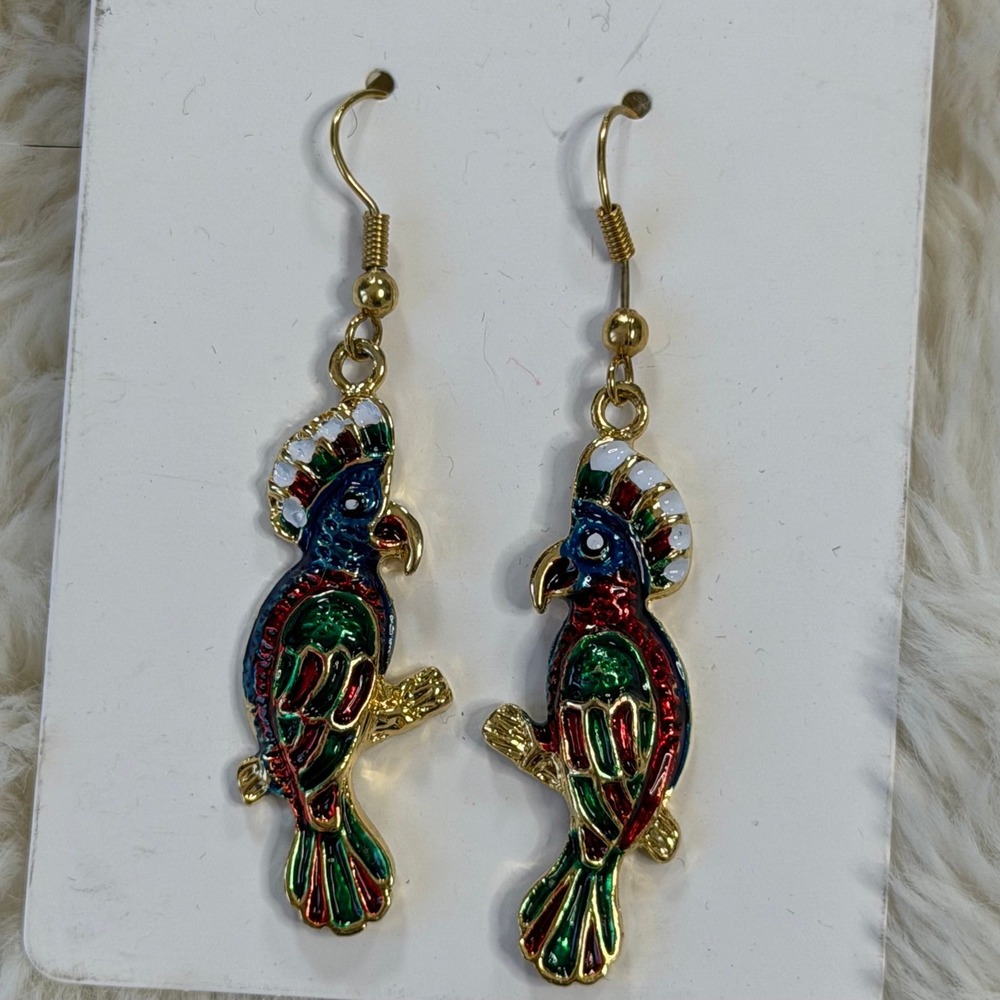 Tropical Parrot Earrings Colorful Enamel Bird Dangle Statement Jewelry - Picture 2 of 2
